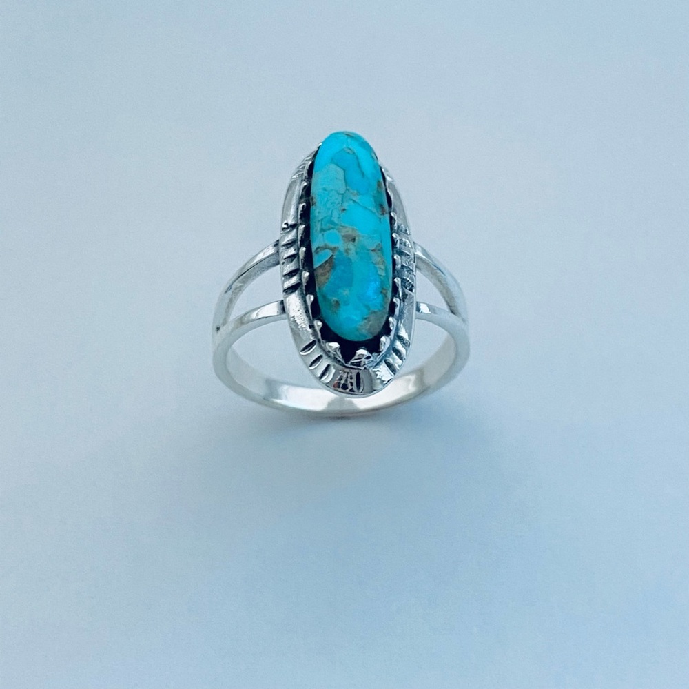 Sterling Silver Oval Genuine Turquoise Ring with Shank, Boho Ring, Silver Rings